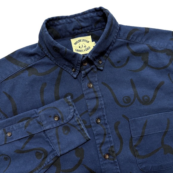 Taylor Stitch Gravel & Gold Navy Long Sleeve Button Down Shirt Boobs AOP Mens 40 - Picture 1 of 16